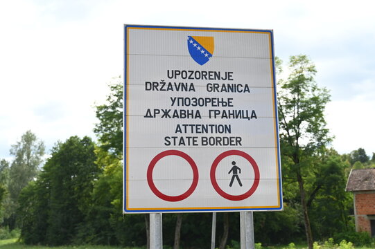 The border between Bosnia and Herzegovina and the Republic of Croatia. Border crossing. Sign board. Traffic sign.