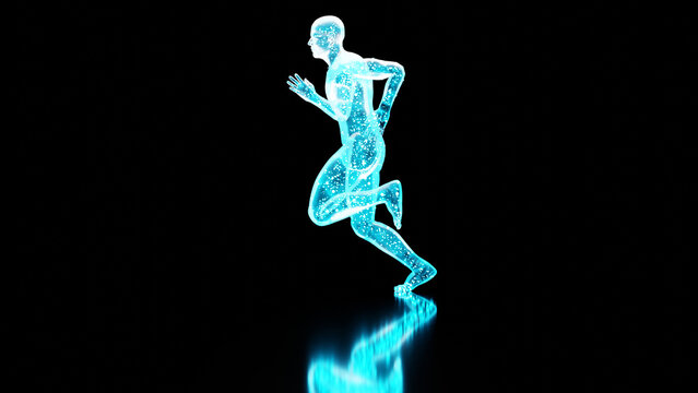 neon human figure running isolated on black, 3D holographic running man, 3d render	
