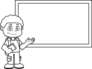 Outlined School Boy Cartoon Character With Textbooks Pointing To Chalk Board. Vector Hand Drawn Illustration Isolated On Transparent Background