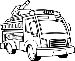 Outlined Cartoon Fire Truck Car. Vector Hand Drawn Illustration Isolated On Transparent Background