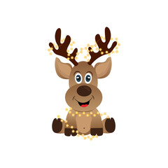 A small deer in a garland is isolated on a white background. cartoon style hand drawn