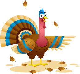 Happy Turkey Cartoon Character Waving. Vector Illustration Flat Design Isolated On Transparent Background