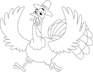 Outlined Scared Turkey Cartoon Characters With Pilgrim Hat Running. Vector Hand Drawn Illustration Isolated On Transparent Background