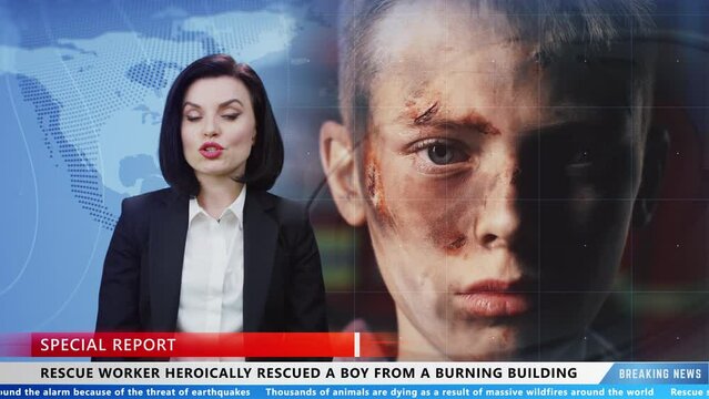 Female TV presenter in special report on television live news channel talking about rescued boy from burning building during fire or war