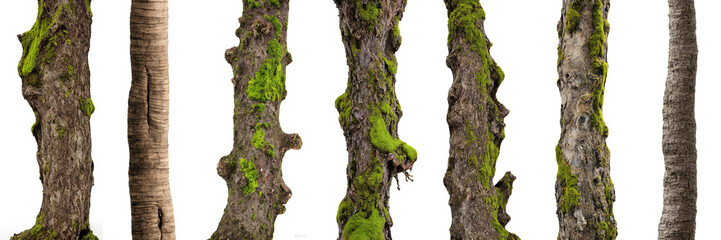 tree trunks, overgrown with moss and lichen, isolated on white background