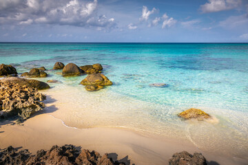 Aruba idyllic caribbean beach at sunny day, Dutch Antilles, Caribbean Sea