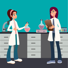 Cartoon scientists running experiments in the laboratory