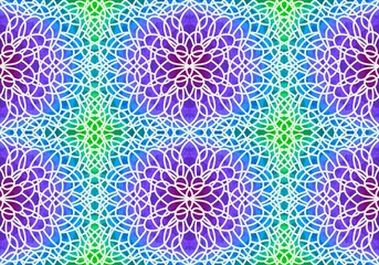 Line art mandala seamless neon watercolor flower pattern for wrapping paper and summer clothes print