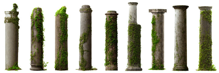 set of antique columns, collection of overgrown pillars isolated on white background  - 530186995