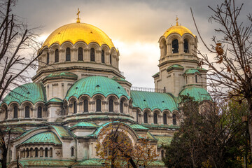St Alexander Nevski Cathedral in Sofia at dramatic sky, Bulgaria, Eastern Europe