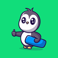 cute penguin with surfing board vector icon illustration