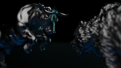 Black painted bull and bear sculpture staring at each other in dramatic contrasting light representing financial market trends under green-black background. Concept images of stock market. 3D CG.