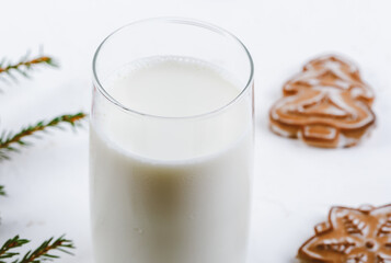 Milk and Christmas cookies for Santa. Christmas background. gingerbread cookies