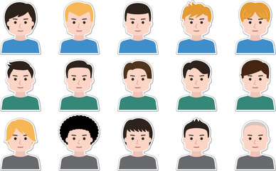 Sticker set of man cartoon icon faces. Vector illustration isolated on transparent background.
