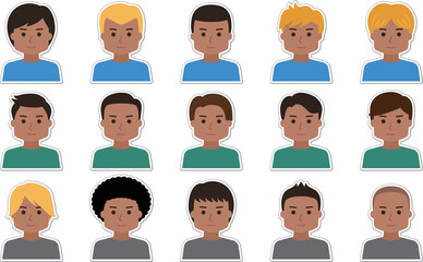 Sticker set of man cartoon icon faces. Vector illustration isolated on transparent background.