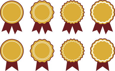 Set of gold product stickers with ribbon signs and border. Vector illustration isolated on transparent background.