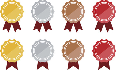 Shiny gold, silver, bronze, and red sticker set with ribbon. Vector illustration isolated on transparent background.