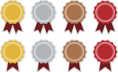 Gold, silver, bronze, and red sticker set with border and ribbon. Vector illustration isolated on transparent background.