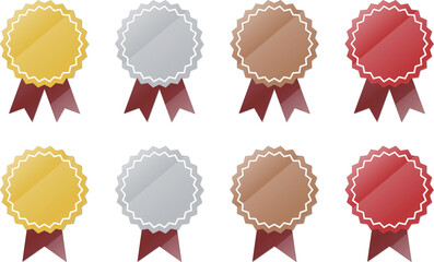 Glassy luster gold, silver, bronze, and red award sticker set with ribbon. Vector illustration isolated on transparent background.