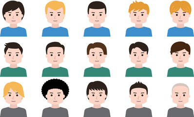Set of man cartoon icon faces. Vector illustration isolated on transparent background.