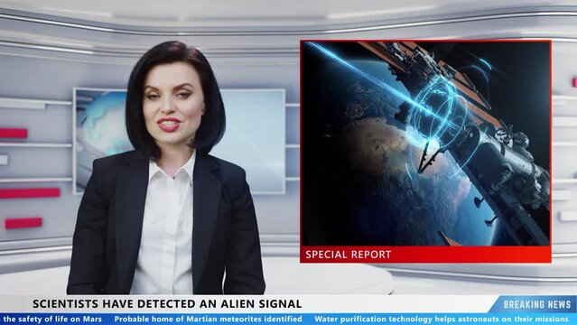 Female TV presenter reporting on breaking news on television live news channel about about a new high-tech telecommunications, satellite that transmits signals in Earth orbit