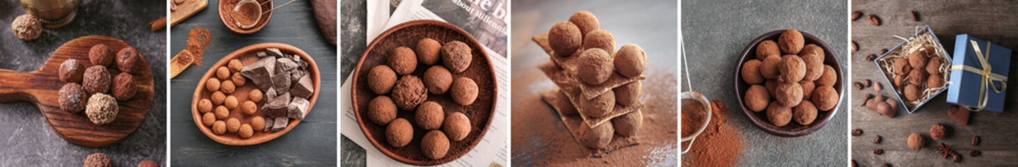 Set of delicious chocolate truffles on table