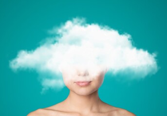 Woman head hidden by cloud, mental health concept - obrazy, fototapety, plakaty