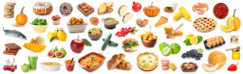 Big collage of delicious foods and drinks isolated on white