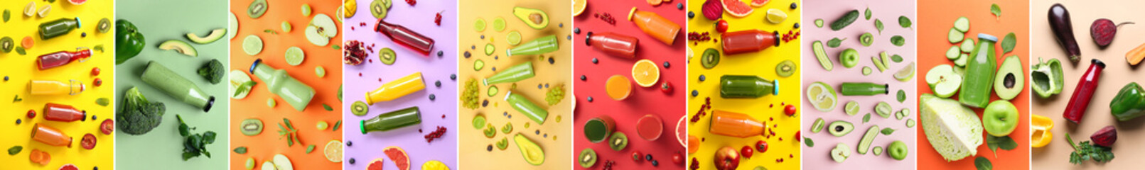 Collage of bottles with detox beverages on color background, top view