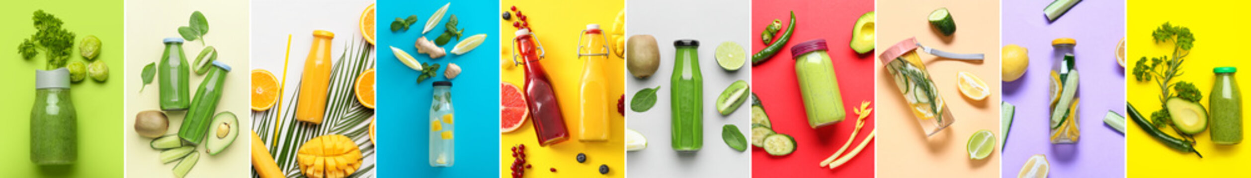 Collection of bottles with detox beverages on color background, top view