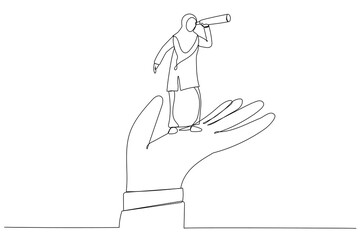 Cartoon of muslim businesswoman stand on support hand look into telescope vision. Support or empowerment for career development. Single continuous line art style