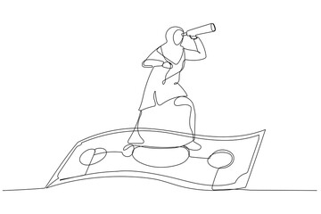 Drawing of muslim businesswoman riding flying banknote money using spyglass or telescope to see future. Visionary to make profit or financial growth concept. Single line art style