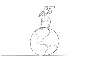 Illustration of muslim businesswoman standing on planet earth globe using telescope search new opportunity. Globalization, global business vision. One line art style