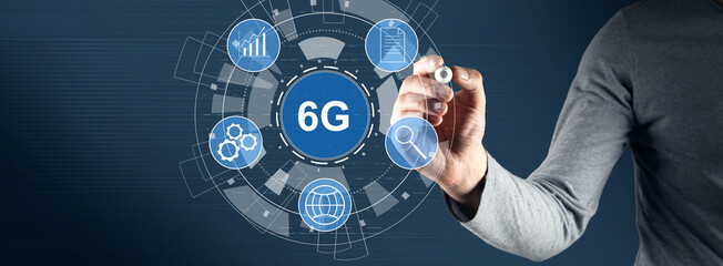 6G and icons on virtual screen.