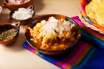 Pozole Rojo. Traditional mexican stew very popular in mexico and neighboring countries. Made from cacahuazintle with meat and various other ingredients depending on the region.
