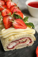 Delicious strawberry roll cake, closeup