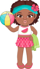 Beach black girl in summer holiday. American African kids holding colorful ball cartoon character design