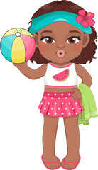 Beach black girl in summer holiday. American African kids holding colorful ball cartoon character design
