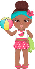 Beach black girl in summer holiday. American African kids holding colorful ball cartoon character design