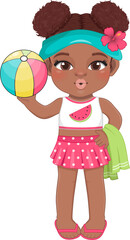 Beach black girl in summer holiday. American African kids holding colorful ball cartoon character design