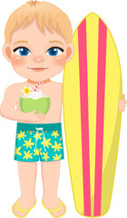 Beach boy in summer holiday. Kids holding surfboard and coconut juice cartoon character design
