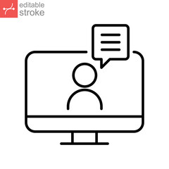 Digital communication icon. Webinar screen. Video conference on computer app. Virtual or Online training, human figure with chat. Editable stroke vector illustration. Design on white background EPS 10