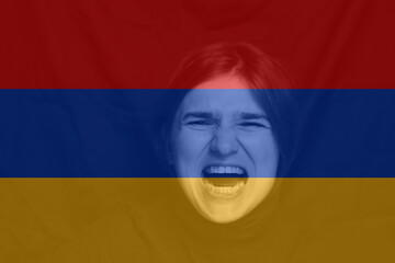 War between Armenia and Azerbaijan. Young woman with sad sight looking at camera. Woman screaming....