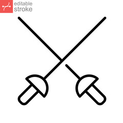 Fencing sword, sport icon. Cross rapiers, swords or fencing duel. athletes fight, action tournament. Sports Equipment. Editable stroke. Vector illustration. Design on white background. EPS 10