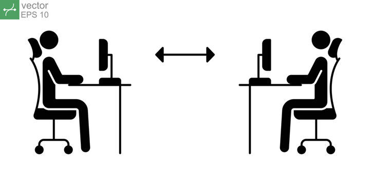 New Normal Concept In Work Office Desk Icon. Two People Working, Sit At Their Desk With A Computer. Keep Social Distance In Work Place In Covid19 Pandemic. Glyph Style. Vector Illustration. EPS 10