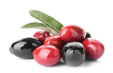 Heap of tasty black and red olives on white background