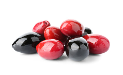 Heap of black and red olives on white background