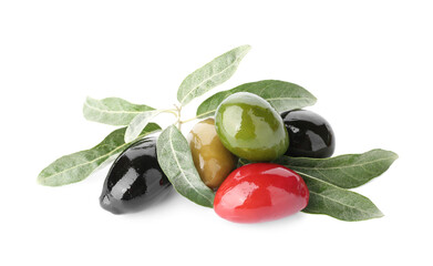Heap of different olives and leaves on white background
