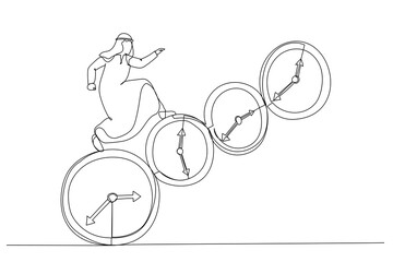 Cartoon of arab businessman running on time. Single continuous line art style