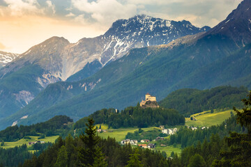 Tarasp in Lower Engadine Valley, Swiss Alps, Switzerland